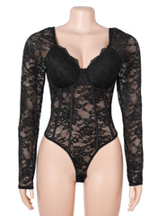 Deep-V Lace Long Sleeve Bodysuit