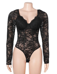 Deep-V Lace Long Sleeve Bodysuit