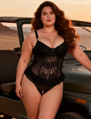 Lace Mesh Halter Neck U Shape Backless Ruffled Crotchless Bodysuit