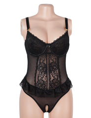 Lace Mesh Halter Neck U Shape Backless Ruffled Crotchless Bodysuit