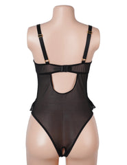 Lace Mesh Halter Neck U Shape Backless Ruffled Crotchless Bodysuit