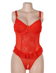 Lace Mesh Halter Neck U Shape Backless Ruffled Crotchless Bodysuit