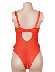 Lace Mesh Halter Neck U Shape Backless Ruffled Crotchless Bodysuit