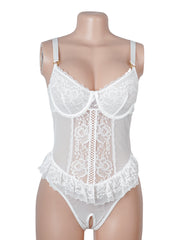 Lace Mesh Halter Neck U Shape Backless Ruffled Crotchless Bodysuit
