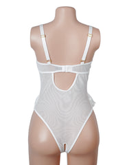 Lace Mesh Halter Neck U Shape Backless Ruffled Crotchless Bodysuit