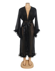 Sheer Mesh Long Robe with Ruffle Trim and Belt
