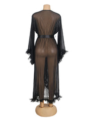 Sheer Mesh Long Robe with Ruffle Trim and Belt