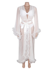 Sheer Mesh Ruffle Long Robe with Belt