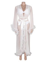 Sheer Mesh Long Robe with Ruffle Trim and Belt