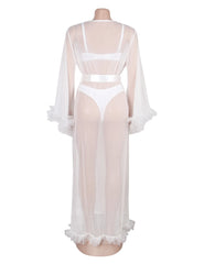 Sheer Mesh Long Robe with Ruffle Trim and Belt