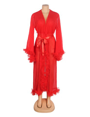Sheer Mesh Long Robe with Ruffle Trim and Belt