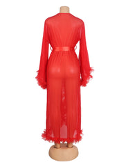 Sheer Mesh Long Robe with Ruffle Trim and Belt