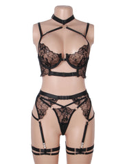 Sexy Halter Neck Embroidery Floral Lace Lingerie Set With Garters