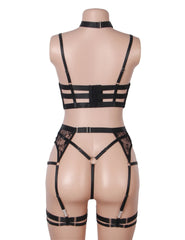 Sexy Halter Neck Embroidery Floral Lace Lingerie Set With Garters