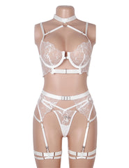 Sexy Halter Neck Embroidery Floral Lace Lingerie Set With Garters