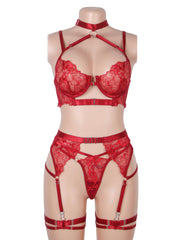Sexy Halter Neck Embroidery Floral Lace Lingerie Set With Garters