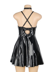 Deep-V Wet Look Faux Leather Suspender Slip Dress