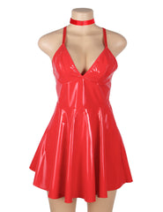 Deep-V Wet Look Faux Leather Suspender Slip Dress