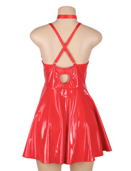 Deep-V Wet Look Faux Leather Suspender Slip Dress