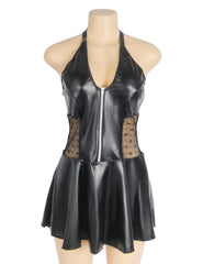 Leather Lace Halter Babydoll with Garter Belt