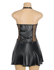 Leather Lace Halter Babydoll with Garter Belt