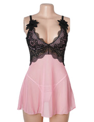 V Neck Lace Stitching Strap with Flower Babydoll