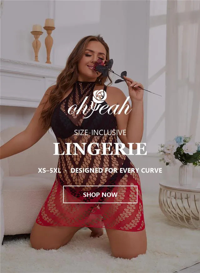 Plus-size model wearing black and red fishnet lingerie and holding a rose