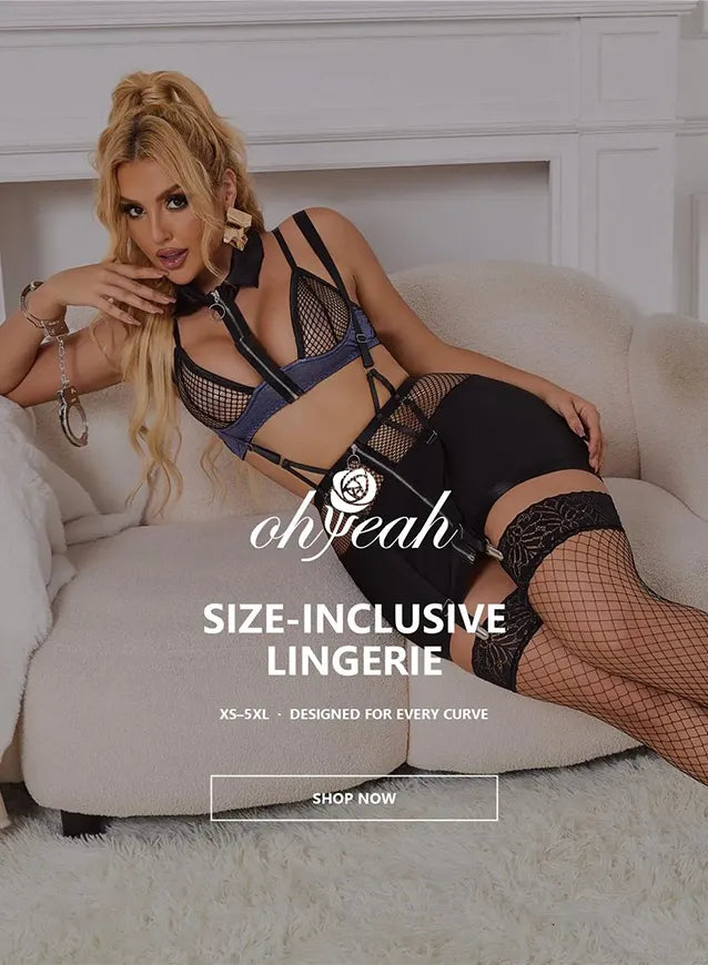 Model reclining in black and purple strappy mesh lingerie for Ohyeah's size-inclusive collection