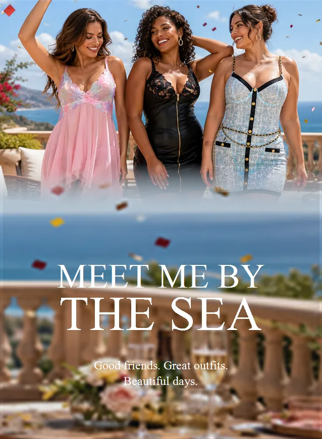 Three women in pink, black and blue lingerie celebrating on a seaside terrace
